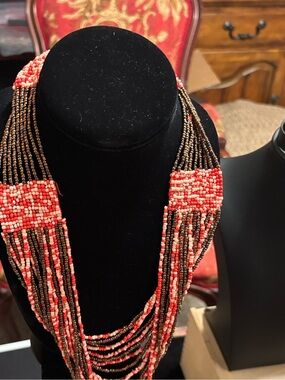 Handcrafted Multistrand Coral and Brown Beaded Statement Necklace with earrings